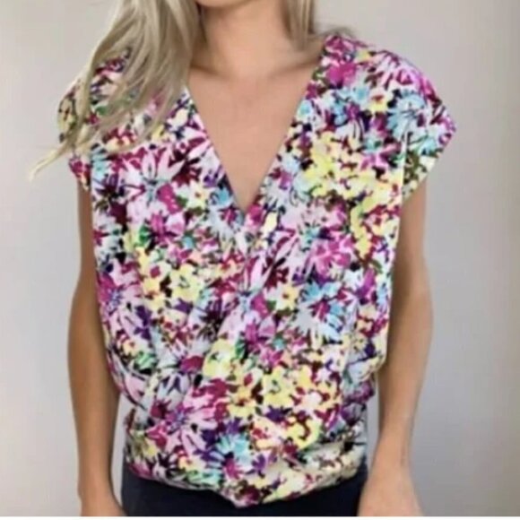 Cabi Eden Floral Wrap Flower Power Faux Wrap Top Women's M Multi Cap Sleeve - Picture 1 of 14